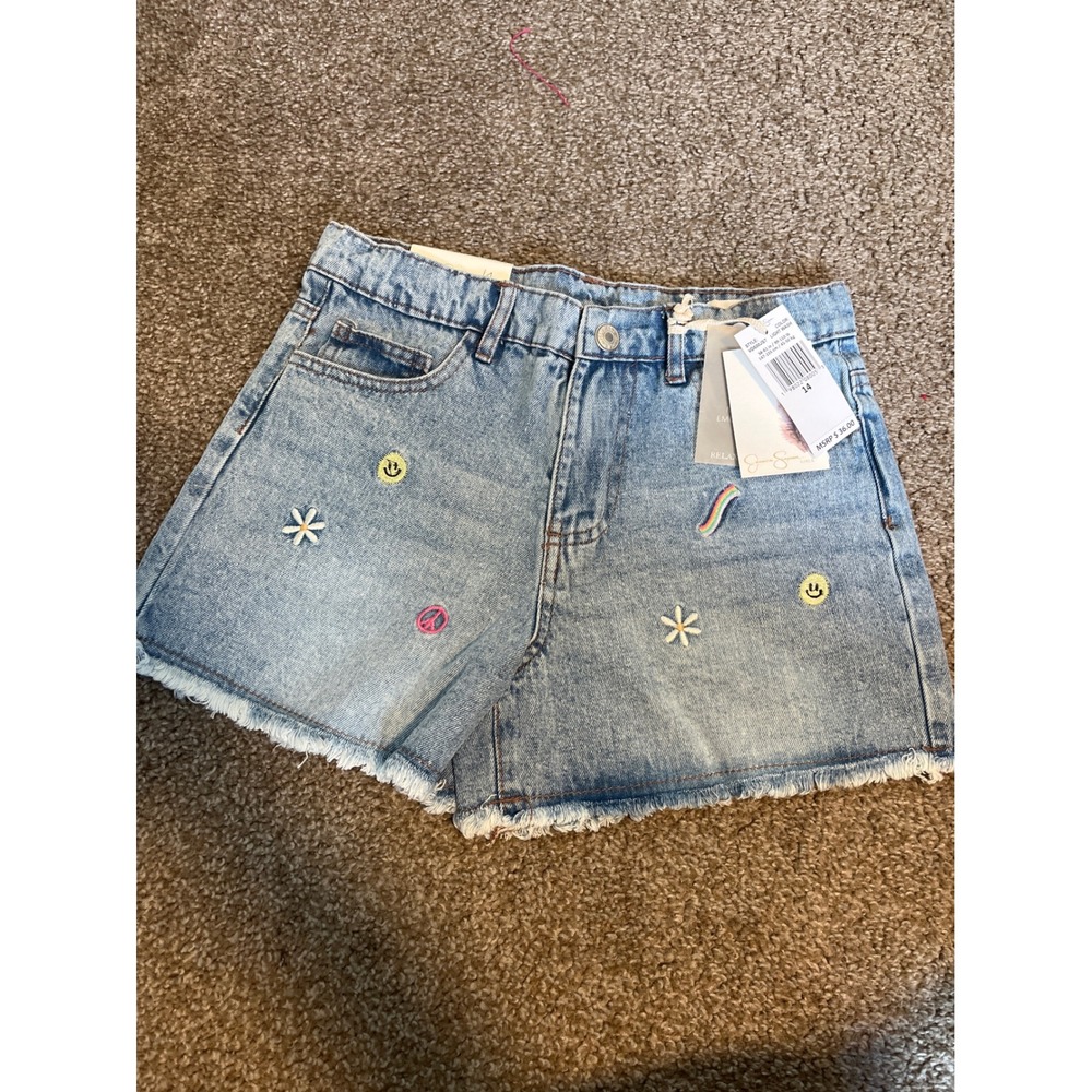 Jessica Simpson Girls Size 14 Denim Shorts Rainbow Embroidered Frayed Hem NEW
